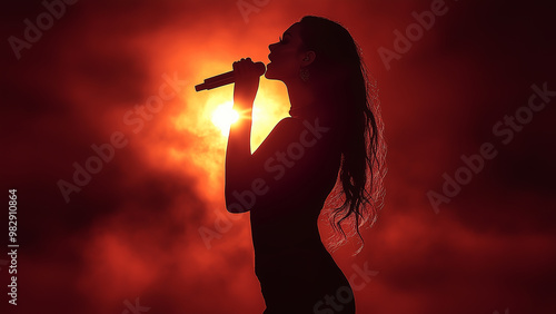 A silhouette of a female singer passionately performing on stage, microphone in hand, against a warm backdrop. For music or live performance concepts.