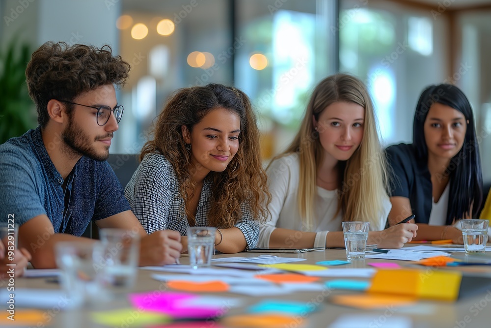 Fototapeta premium Diverse group collaborates on innovative ideas during a vibrant brainstorming session