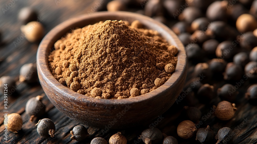 Ground Allspice: A smooth, brown allspice powder in a small bowl, with whole allspice berries placed beside it on a dark wooden background. Ground Allspice: A smooth, brown allspice powder in a small bowl, with whole allspice berries placed beside it on a dark wooden background.