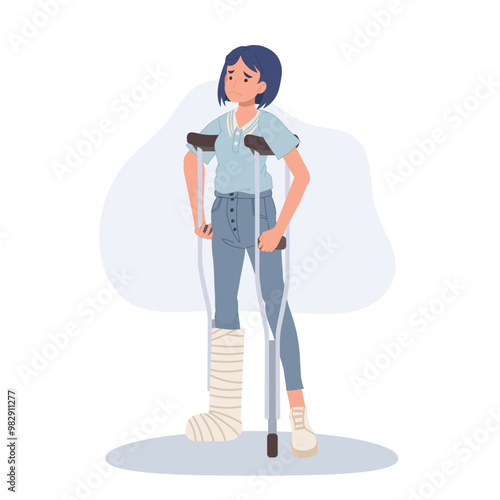 female patient with leg injury using crutches for walking support and rehabilitation