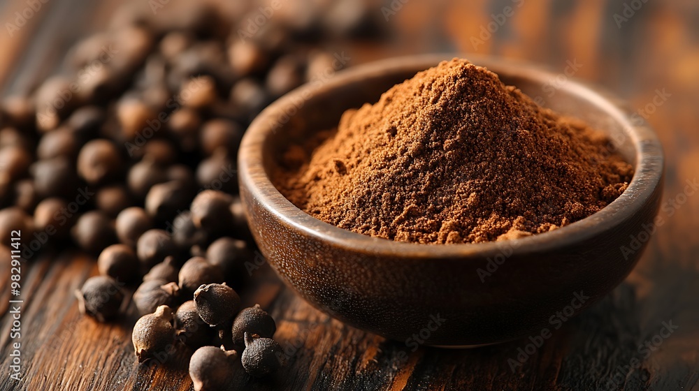 Ground Allspice: A smooth, brown allspice powder in a small bowl, with whole allspice berries placed beside it on a dark wooden background. Ground Allspice: A smooth, brown allspice powder in a small bowl, with whole allspice berries placed beside it on a dark wooden background.
