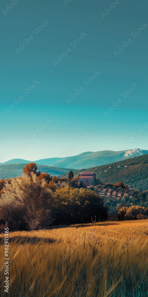 Obraz premium A serene pastoral landscape featuring rolling hills under clear turquoise sky, with charming house nestled among lush greenery and golden fields swaying in gentle breeze