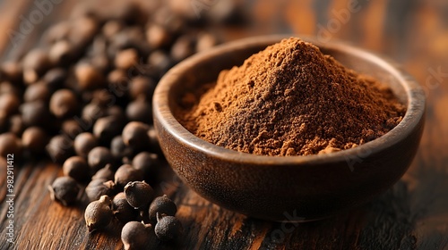 Ground Allspice: A smooth, brown allspice powder in a small bowl, with whole allspice berries placed beside it on a dark wooden background.