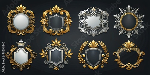 Elegant Collection of Golden and Silver Decorative Emblems on Dark Background