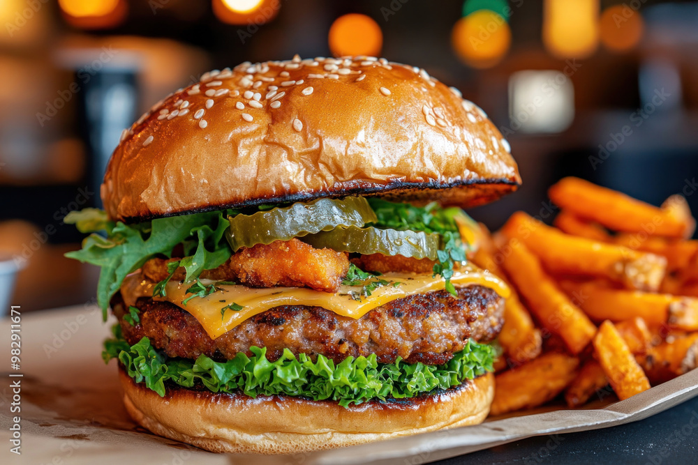 A vegan burger made with a plant-based patty, topped with fresh greens and avocado, served with sweet potato fries A vegan burger made with a plant-based patty, topped with fresh greens and avocado, served with sweet potato fries