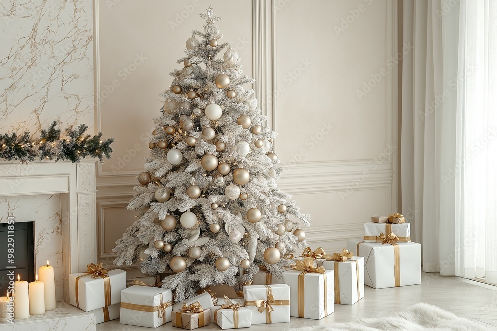 A serene minimalist living room adorned with a white Christmas tree and golden ornaments A serene minimalist living room adorned with a white Christmas tree and golden ornaments