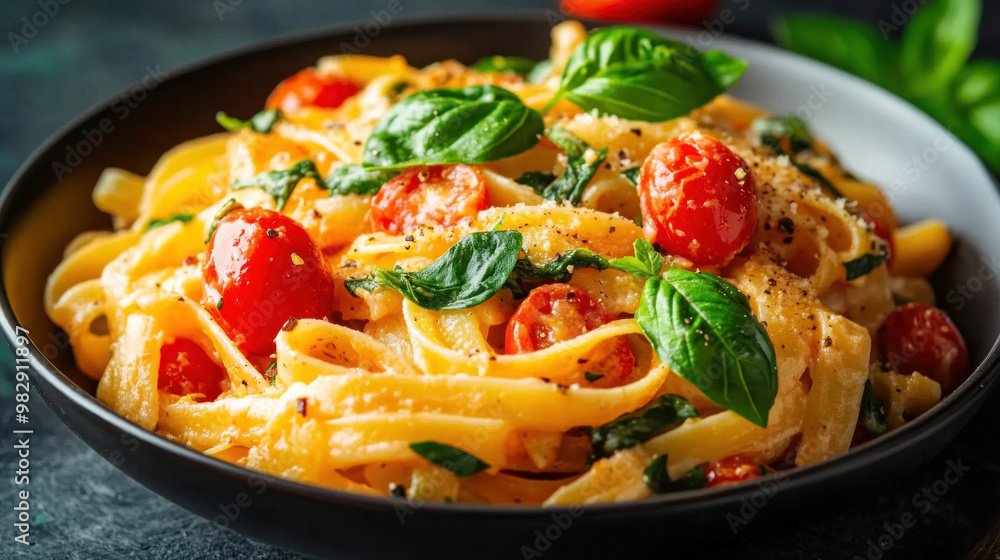 A vegan pasta dish made with creamy cashew sauce, spinach, and cherry tomatoes, garnished with fresh basil A vegan pasta dish made with creamy cashew sauce, spinach, and cherry tomatoes, garnished with fresh basil
