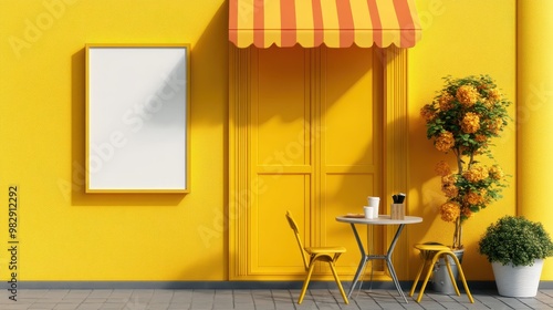 Bright Yellow Cafe Exterior with Flowers and Table