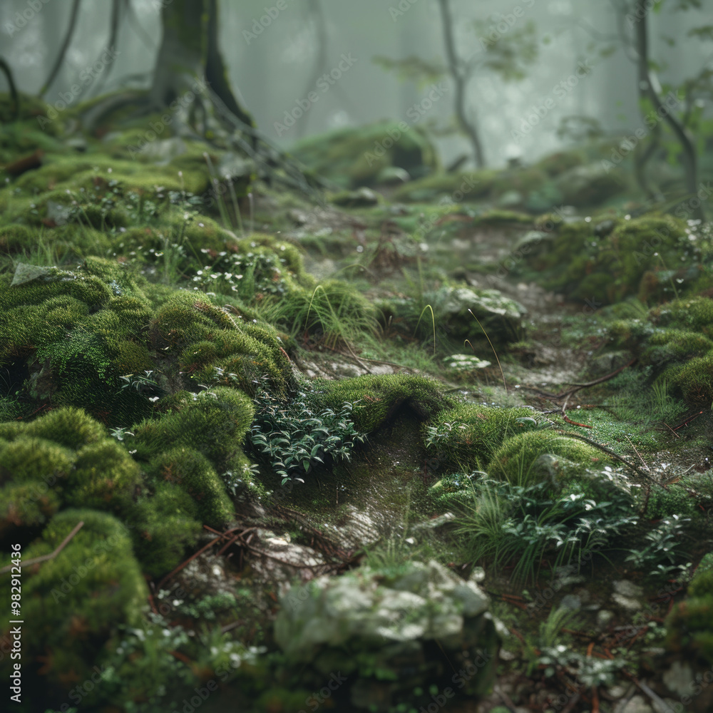 Lush green moss covers serene forest floor, creating tranquil atmosphere. soft textures and vibrant greenery invite exploration and evoke sense of peace Lush green moss covers serene forest floor, creating tranquil atmosphere. soft textures and vibrant greenery invite exploration and evoke sense of peace