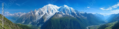 The Greatest Peaks in the World - Panoramic View of Mont Blanc and Alpine Valley with Flowing River in Summer