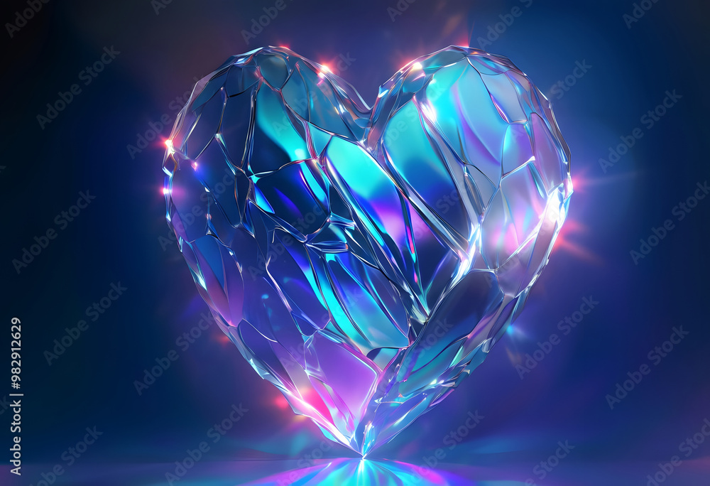Glowing crystal heart with iridescent blue and purple shards, abstract love symbol Glowing crystal heart with iridescent blue and purple shards, abstract love symbol