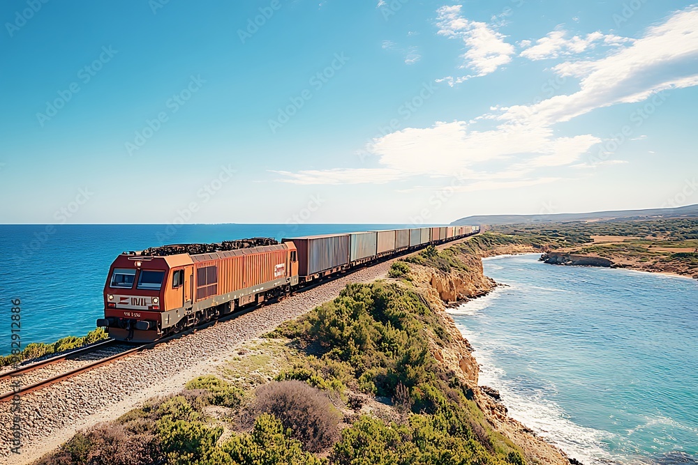 Freight Train Traveling Along Coastal Cliffs
