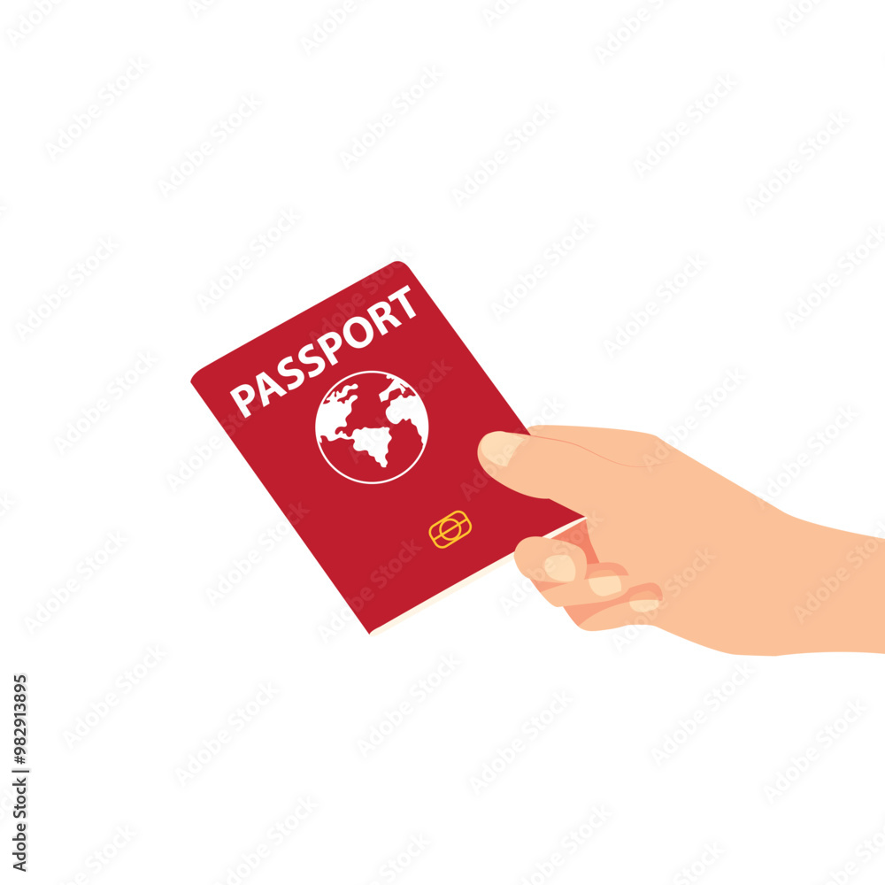 Flat design of hand holding passport. Vector international red cover of passport template. International identification document for travel, isolated on white background. Flat design of hand holding passport. Vector international red cover of passport template. International identification document for travel, isolated on white background.