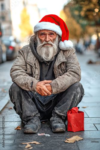 Homeless man on the street with a Santa hat at Christmas time photo