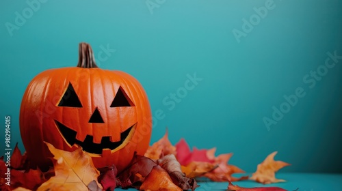 Halloween jack-o-lantern with autumn leaves on blue background photo