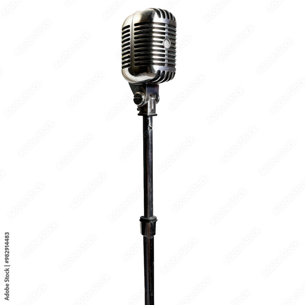 Fototapeta premium Classic vintage microphone is standing on a stage in front of a white background