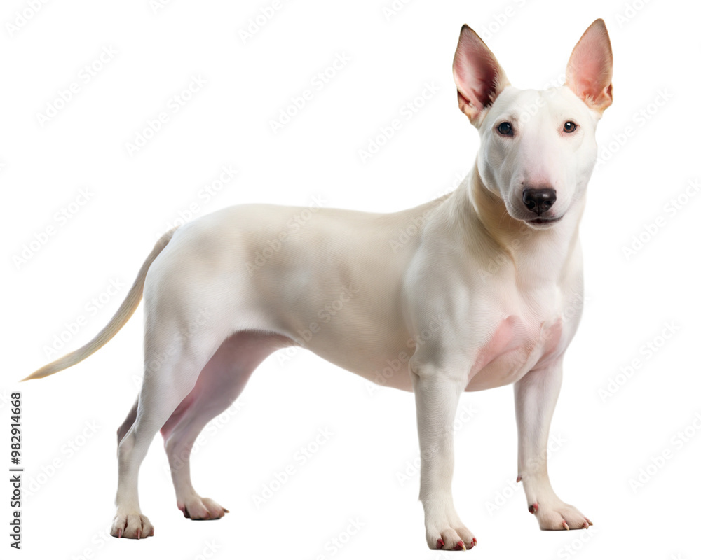 White bull terrier dog standing and looking at camera, isolated on white background White bull terrier dog standing and looking at camera, isolated on white background