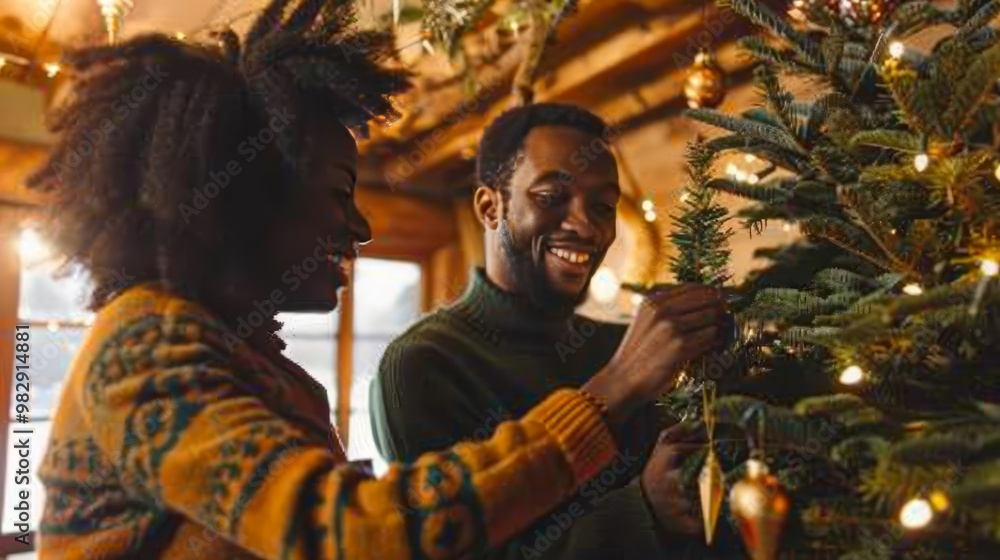 Obraz premium Couple joyfully adorning their home with festive decorations for the holiday season