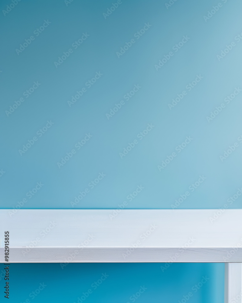 A clean white table is set against calming blue wall, creating serene and minimalist atmosphere perfect for any modern space A clean white table is set against calming blue wall, creating serene and minimalist atmosphere perfect for any modern space