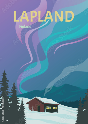cabin with northern lights view vintage poster illustration design, finland poster decoration