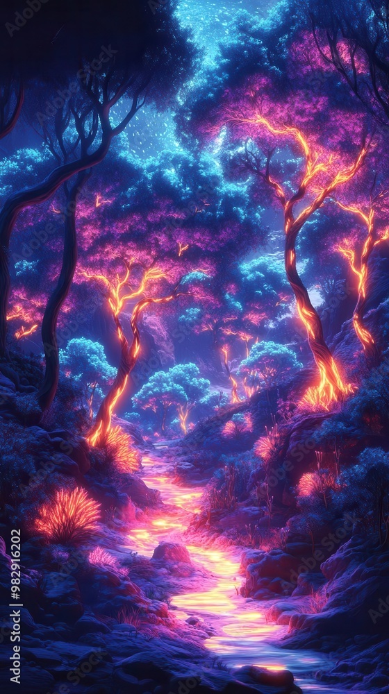 Fototapeta premium Illustrate a captivating scene of a fantastical forest with trees aglow in neon hues, perfectly embodying a dreamy and imaginative journey