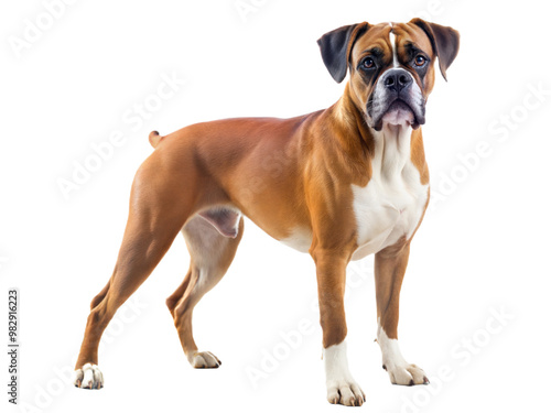 Boxer dog standing and looking at camera, isolated on a white background.