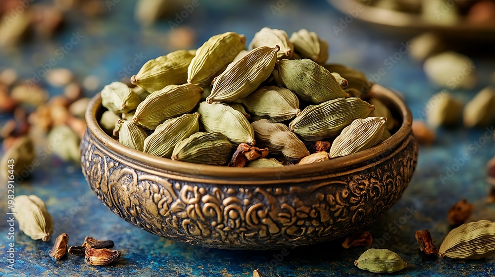 Whole Cardamom Pods: A pile of green and black cardamom pods in a brass bowl, with a few pods cracked open to reveal the seeds inside. Whole Cardamom Pods: A pile of green and black cardamom pods in a brass bowl, with a few pods cracked open to reveal the seeds inside.