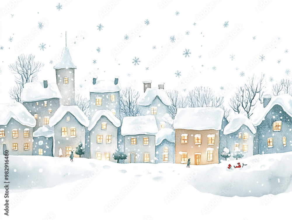 A serene watercolor illustration of a snowy village at Christmas, softly glowing windows and gentle snowflakes, fading into a blank white backdrop A serene watercolor illustration of a snowy village at Christmas, softly glowing windows and gentle snowflakes, fading into a blank white backdrop