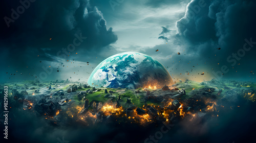 illustration of planet earth burning because of industrial factories that cause pollution and polluted areas, resulting in climate change and the greenhouse effect. suitable for earth day poster