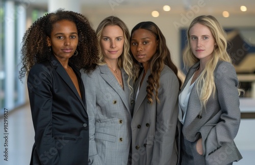 Group of four diverse women in professional attire standing together in a modern office setting photo