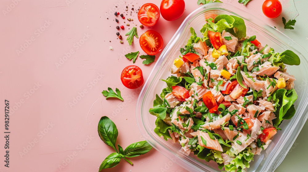 Fresh tuna salad with vibrant cherry tomatoes and greens creates colorful and healthy meal option. combination of ingredients offers delightful taste and appealing presentation Fresh tuna salad with vibrant cherry tomatoes and greens creates colorful and healthy meal option. combination of ingredients offers delightful taste and appealing presentation