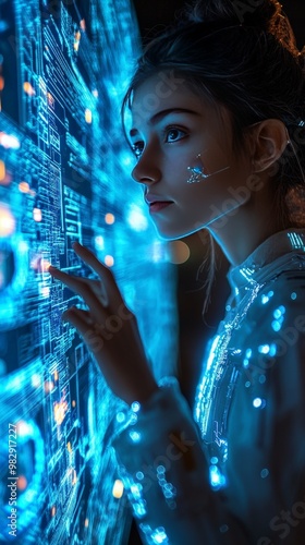 Wallpaper Mural A woman is looking at a computer screen with a blue background Torontodigital.ca