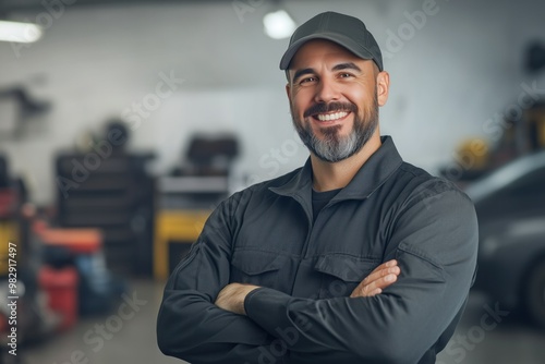 Smiling mechanic poses confidently in an auto repair workshop