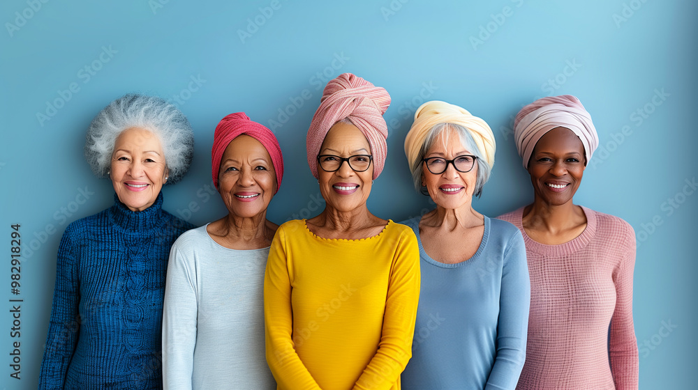 Five Women of Diverse Backgrounds Pose Together in Colorful Headwraps Against a Blue Backdrop Five Women of Diverse Backgrounds Pose Together in Colorful Headwraps Against a Blue Backdrop