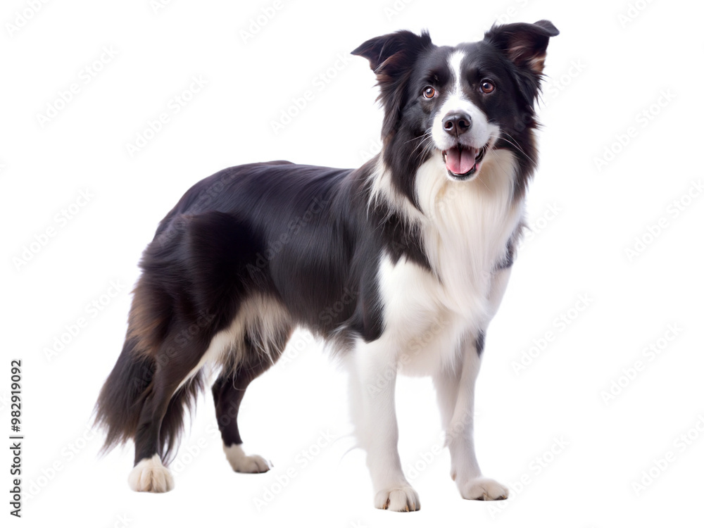 Black and white border collie dog standing and looking at camera, isolated on white background Black and white border collie dog standing and looking at camera, isolated on white background