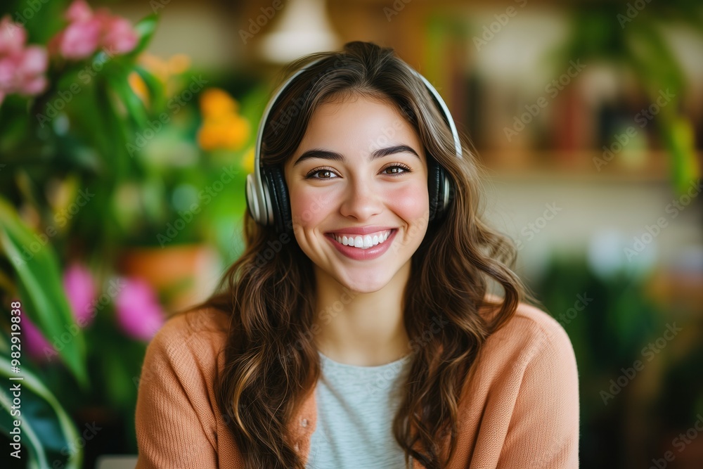 Smiling woman with headphones working on a laptop in a bright home office. Smiling woman with headphones working on a laptop in a bright home office.