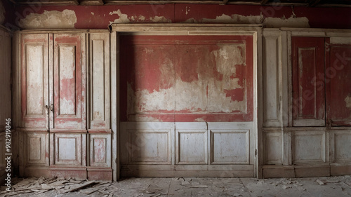 Old abandoned room with cracked walls and dusty peeling red door and window in vintage atmosphere. photo