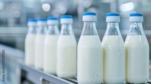 Freshly bottled milk on a production line, showcasing a clean and modern dairy processing facility.