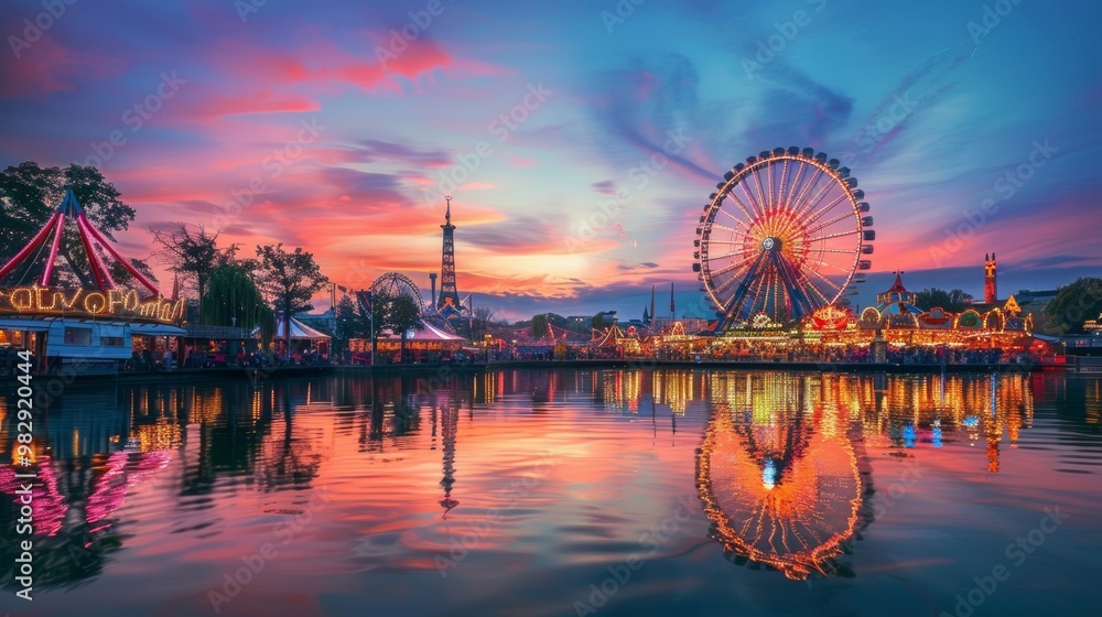 great fair with games and wheel of fortune in a beautiful dramatic sunset great fair with games and wheel of fortune in a beautiful dramatic sunset