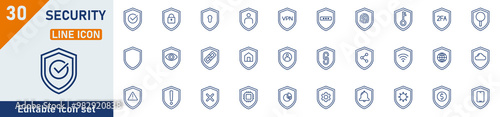 Security line icon set. Set of 30 outline icons related to security guard, cyber security, home security, shield security and others. Vector illustration.