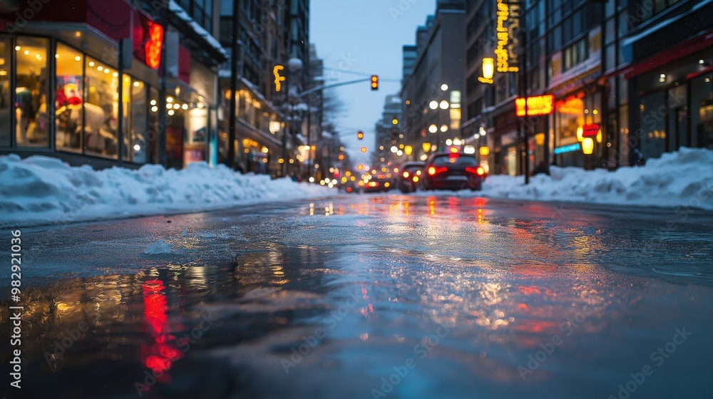 Naklejka premium City street scene at dusk with snow-covered sidewalks, wet reflective pavement, illuminated shop windows, and blurred car lights in the background.