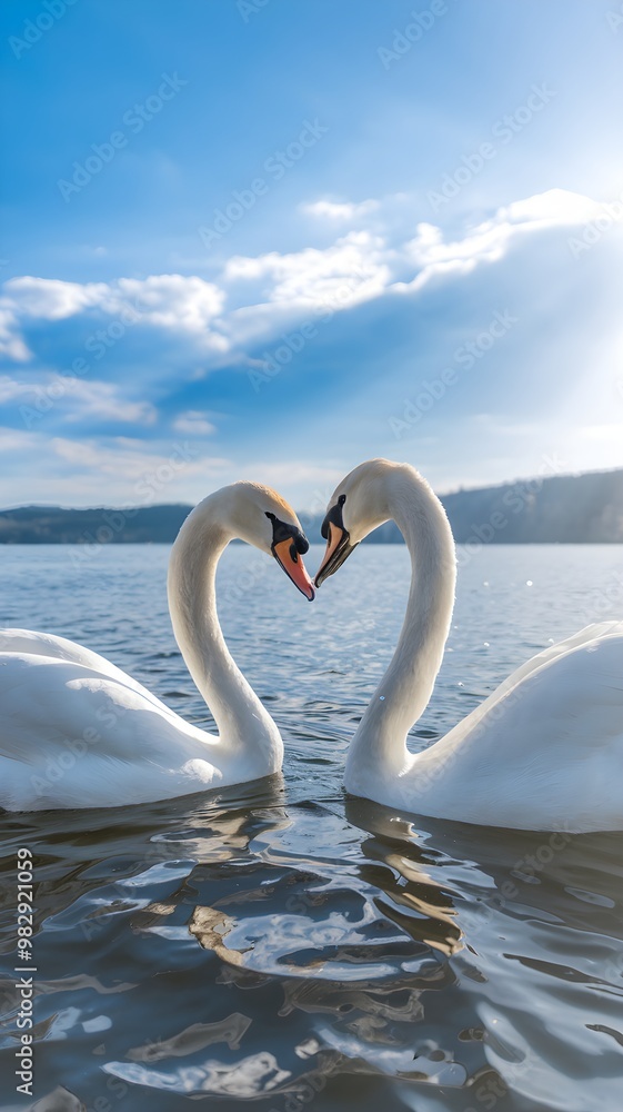Fotobehang Zwaan Two white swans gliding on calm water under radiant sky Vertical Mobile Wallpaper #982921059
