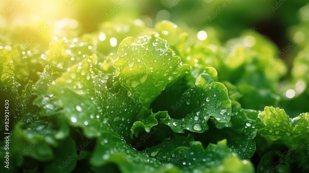 Close-up of fresh green lettuce leaves with water droplets. Close-up of fresh green lettuce leaves with water droplets.