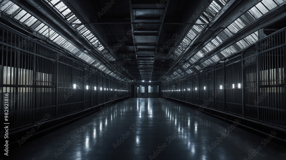 Fototapeta premium Long corridor in a dimly lit prison with barred cells on both sides and a door at the end.