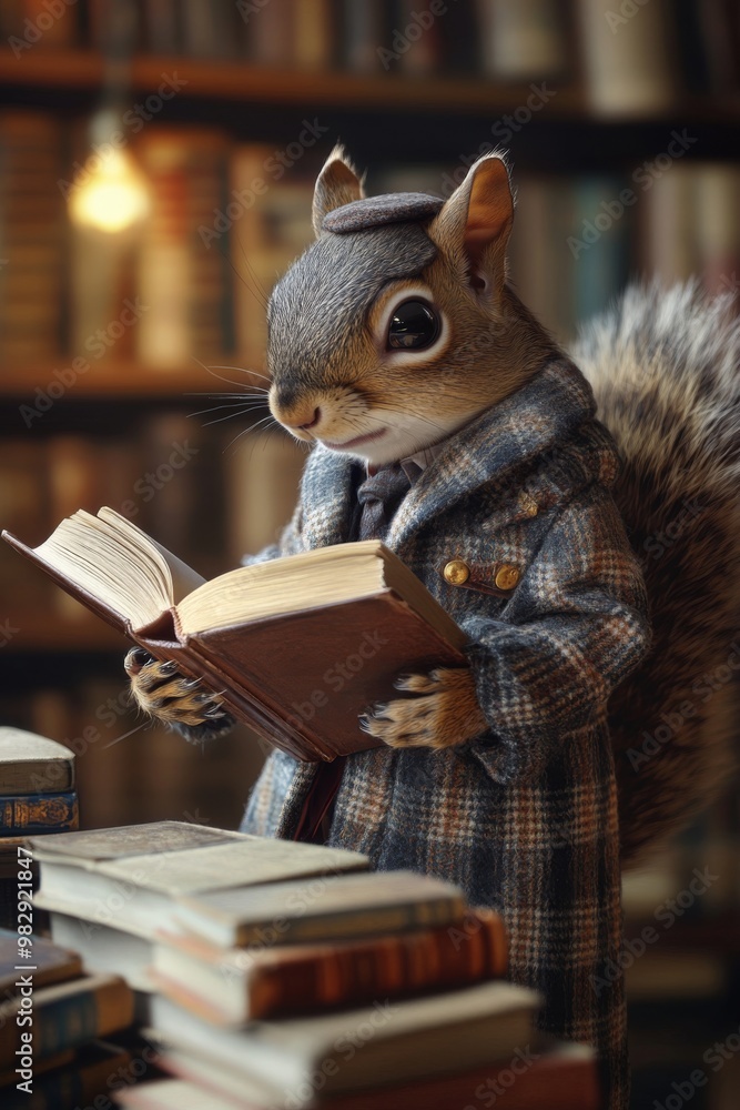 a charming squirrel dressed as a librarian organizing books on a shelf in a tranquil library a charming squirrel dressed as a librarian organizing books on a shelf in a tranquil library