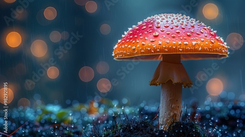 Fly agaric or fly-amanita mushrooms fungi with dark blur background and grass on surface.  photo