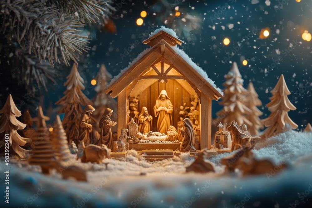 custom made wallpaper toronto digitala cheerful close-up of a wooden nativity scene with intricate carvings, set against a snowy backdrop with twinkling lights