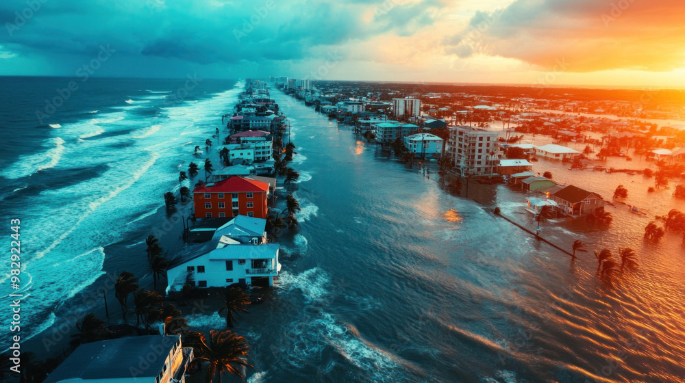 A coastal town submerged in floodwaters after a severe storm, with homes and beaches heavily impacted by coastal flooding A coastal town submerged in floodwaters after a severe storm, with homes and beaches heavily impacted by coastal flooding