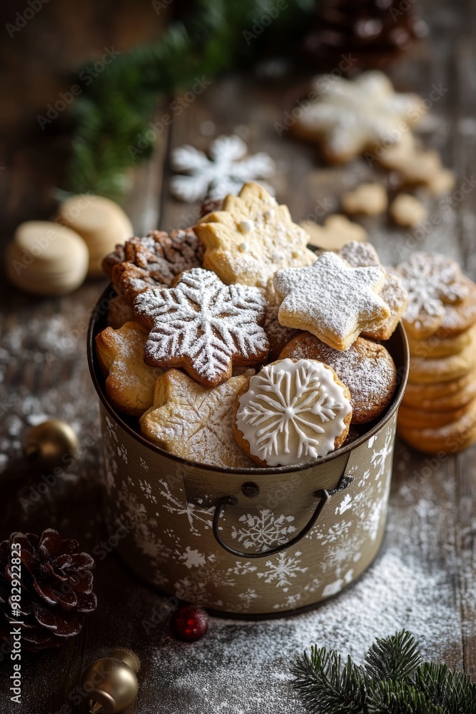 a cheerful scene of a dutch holiday cookie tin filled with assorted homemade cookies, topped with powdered sugar resembling snow a cheerful scene of a dutch holiday cookie tin filled with assorted homemade cookies, topped with powdered sugar resembling snow