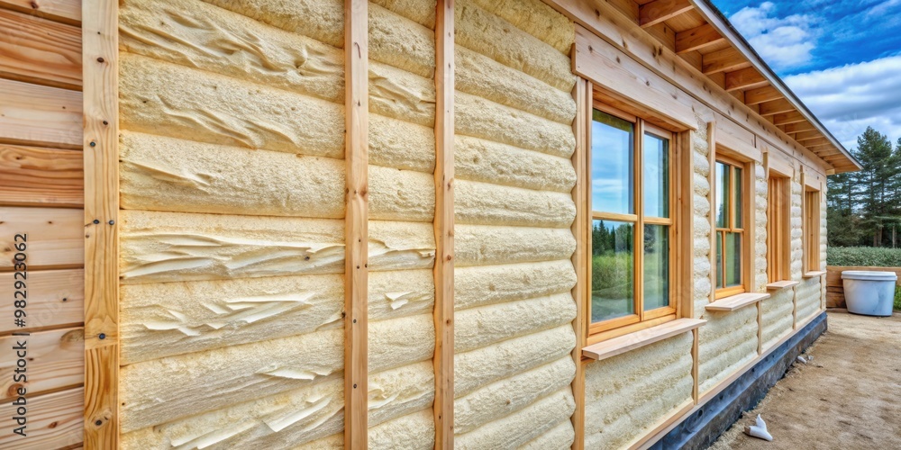 Seams of wooden house wall filled with polyurethane foam for insulation and energy efficiency Seams of wooden house wall filled with polyurethane foam for insulation and energy efficiency